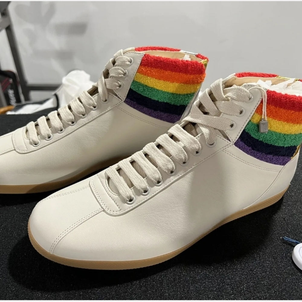 NIB GUCCI MEN'S Leather Rainbow Sneakers Shoes Size 13 - Picture 2 of 9